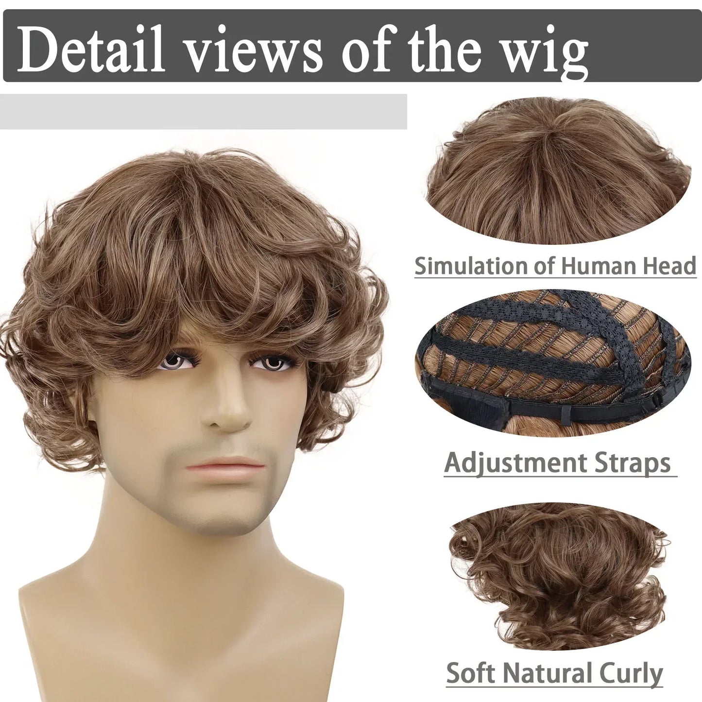 sengpan Synthetic Curly Men Wig Short Brown Hair Businessmen Curly Haircut Man Guys Natural Hairstyle The Summer Outfits Cosplay Costume