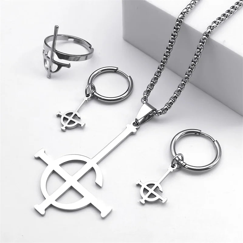 sengpan Stainless Steel Jewelry Set Ghost BC Rock Band Pendant Necklace The band Ghost Ghoul Chain Necklaces Fashion Earring Ring collar