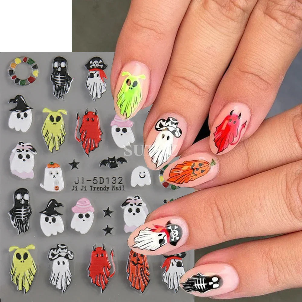 sengpan 5D Ghost Halloween Nail Art Stickers Cartoon Pumpkins Skulls Flowers Nail Decals Y2K Halloween Self-Adhesive Manicure Deco JI-5D