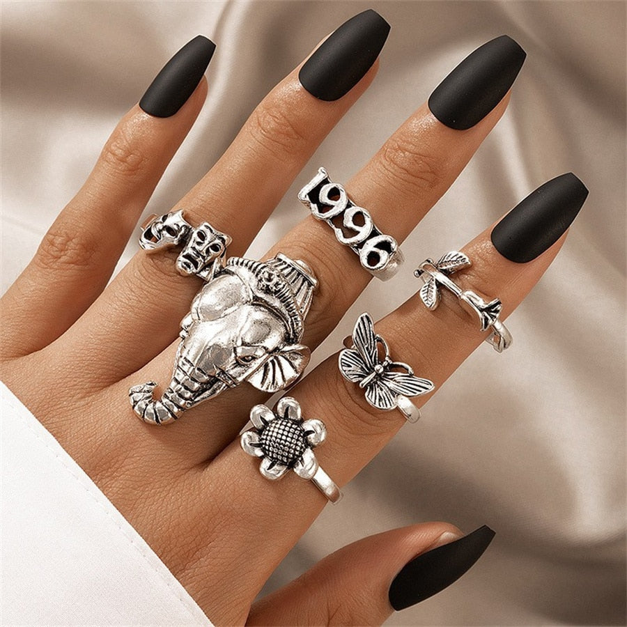 sengpan Christmas wishlist New Vintage Gothic Hip hop letter Butterfly Angle Flower Multi Element Ring Set For Women Men Retro Personality Finger Ring Gifts