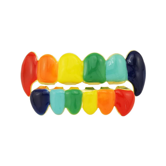 sengpan Exaggerated Colorful Drop Oil 6/6 Rainbow Teeth Grillz Fangs Hip Hop Cosplay Tooth Caps Decor For Women Men Jewelry