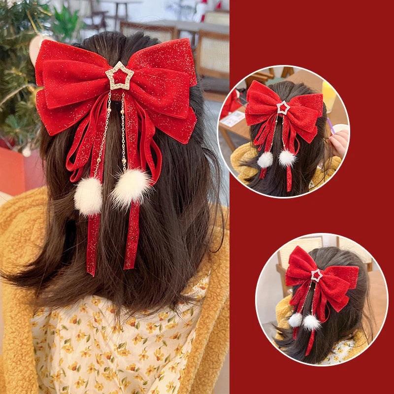 sengpan Red Golden Bow Hair Ornament Christmas New Year Accessories Hair Clips For Women Girls