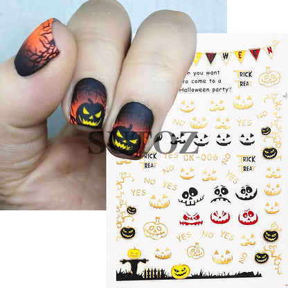 sengpan Embossed 3D Witches Nails Stickers Gold Black Witche Broom Boots Relief Design DIY Halloween Dark Style Manicure Decal CK-007