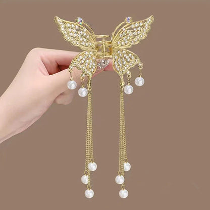 Lianfudai Exquisite Rhinestone Butterfly Fringe Hair Claw Clips Korean New Ponytail Braid Pearl Hairpin Girl Crab Metal Headdress Gift