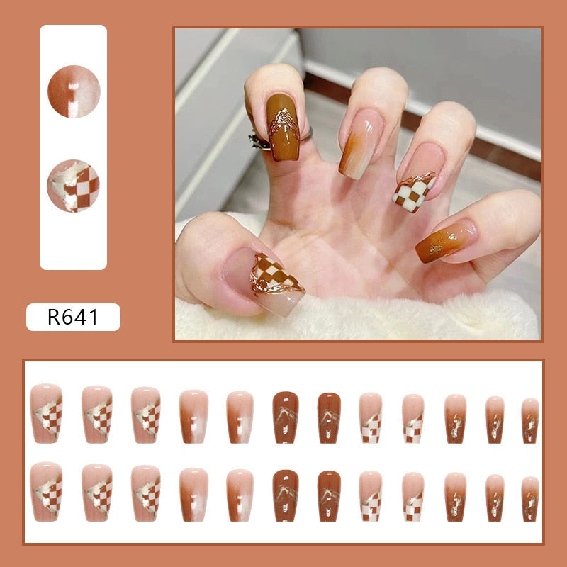 sengpan 24pcs Full Cover Wearable Press Fake Nails Art Free Gift Glue Sticker Tip Wearing Tools False Manicure Patch Paragraph