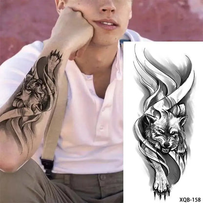 sengpan Black Forest Tattoo Sticker for Men Women Tiger Wolf Death Skull Temporary Tattoo Fake Henna Skeleton King Animal Tatoo Pattern