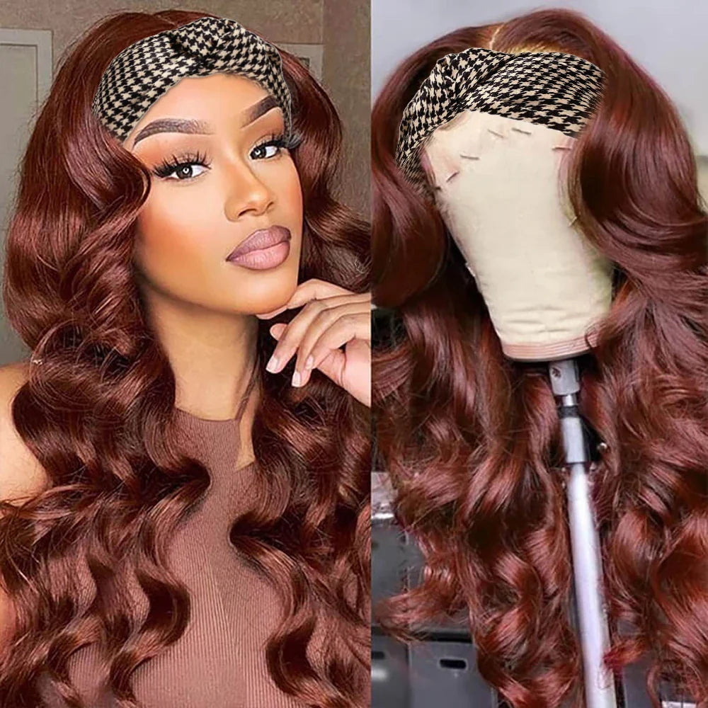 sengpan Reddish Brown Colored Headband Wigs for Black Women Body Wave Headband Wig Human Hair Wigs Wear and Go Glueless Human Hair Wigs