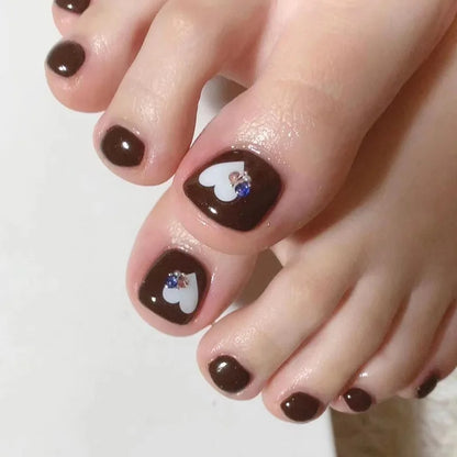 sengpan Flow Chocolate Design Artificial Toenails Glossy Fashion Toe Fake Nails with Glue Wearable Short Flat Shape Fake Toenails