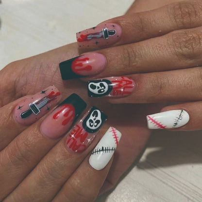 sengpan current nail trends 2023  24Pcs Almond False Nails Halloween Press on Fake Nails with Skull Head Spider Web Ghost Design Ballet Full Cover Nail Tips