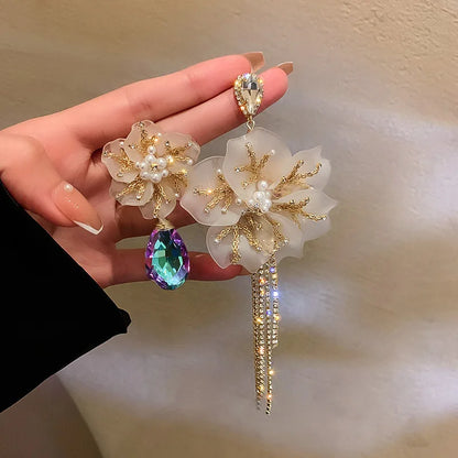 Lianfudai Beaded Crystal Flower Tassel Earrings Exaggerated 2022 New Trendy Earrings Women