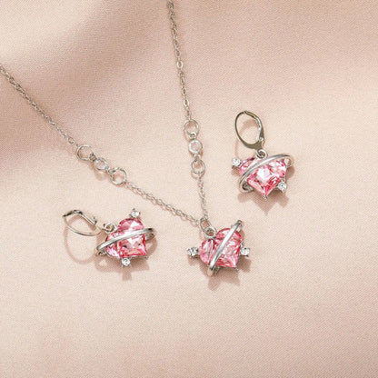 sengpan New Fashion Earrings Necklaces Set for Women Heart-shaped Zircon Pink Crystal Pendant Necklace Women's Jewelry Exquisite Gifts