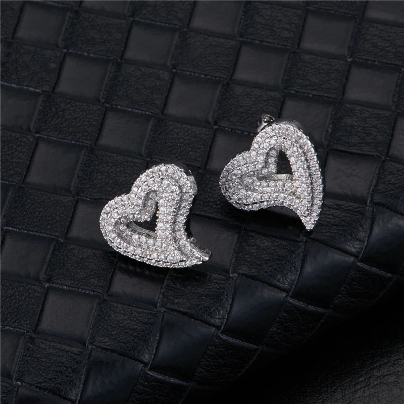 sengpan Hip Micro 1Pair Heart Shape Pave Baguette Cubic Zircon Stone Ice out Stud CZ Earring Bling Copper Earrings For Women Men Jewelry