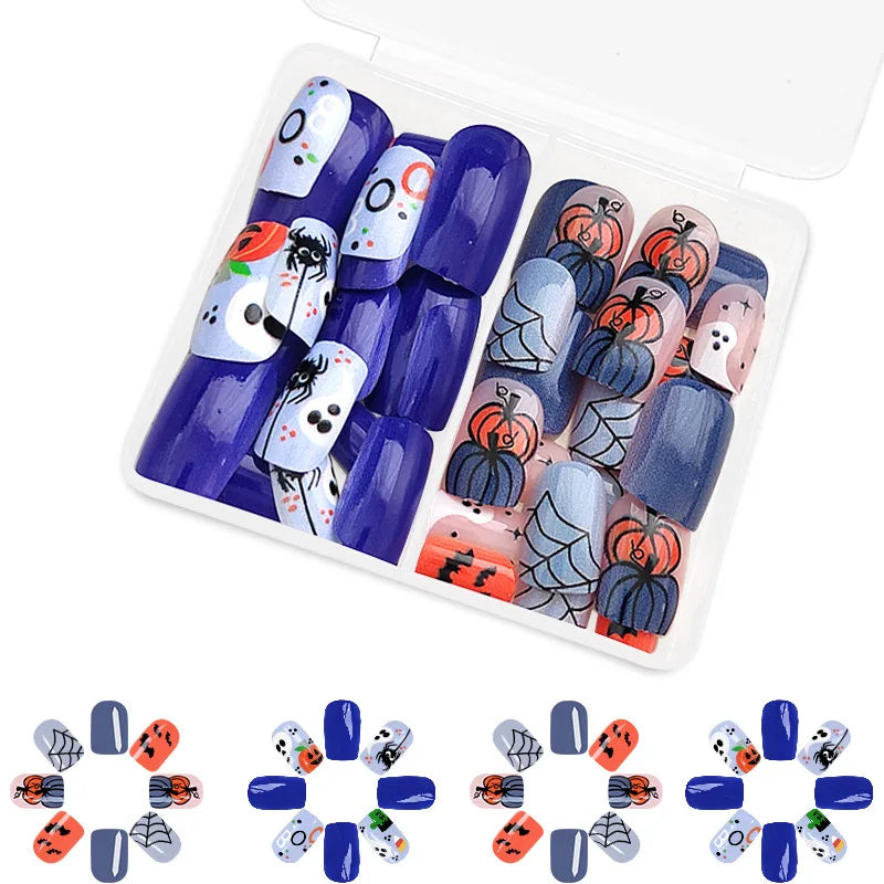 sengpan 48pcs/set Cute Ghost & Pumpkin Halloween Press-On Nails-Glossy Short Square Festive Designs Fake Nails for Women and Girls Wear