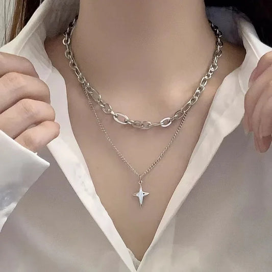 Lianfudai New Design Double Layer Link Chain Cross Star Necklace for Women Man Teens Trendy Punk Hip hop Stainless Steel Choker