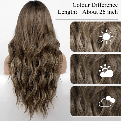 sengpan  Brown Highlight Long Wave Wigs for Women Synthetic Wig with Bangs Ombre Mixed Color Natural Looking Hair for Daily