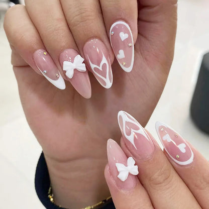 sengpan Simple Stiletto French Fake Nails for Valentine's Day Almond Sweet False Nails with Glue Full Cover Artificial Nails Press On