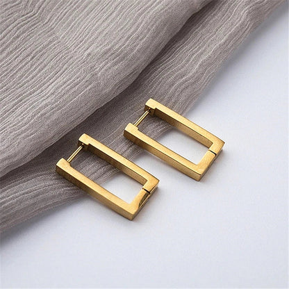 Lianfudai  Stainless Steel Geometric Earrings Rectangular metal Hoop earrings for Women New trendy jewelry Gift