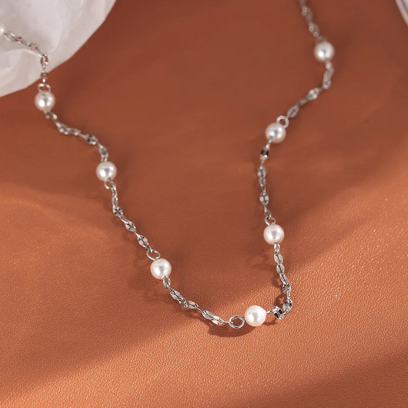 sengpan Silver Color Pearl Long Chain Choker Necklace For Women Wide Fine Jewelry Wedding Party Birthday Gift