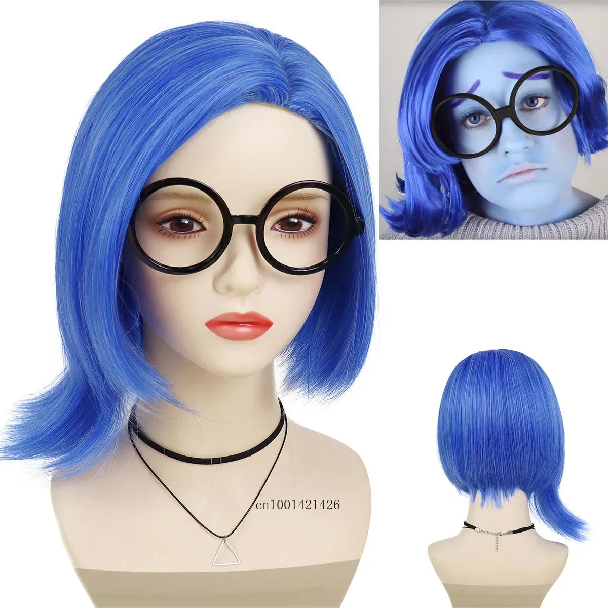 sengpan Synthetic Hair Short Sadness Wig Cosplay Straight Blue Wig for Kid with Glasses Inside Out Costume Halloween Fake Wigs for Women