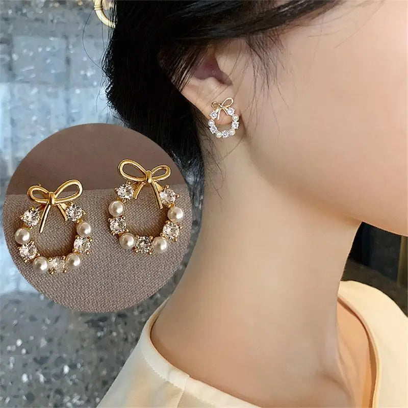 sengpan Korean Vintage Pearl Crystal Earrings For Women Jewelry High-class Luxury Zircon Flower Butterfly Leaf Women's Stud Earrings