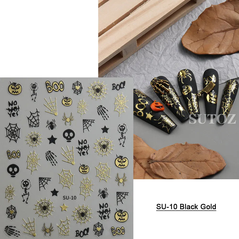 sengpan 5D Embossed Halloween Nail Stickers Skull Chams Spooky Flower Ghost Nail Decals Spider Web Skeleton Sliders for Manicure NTJI-5D