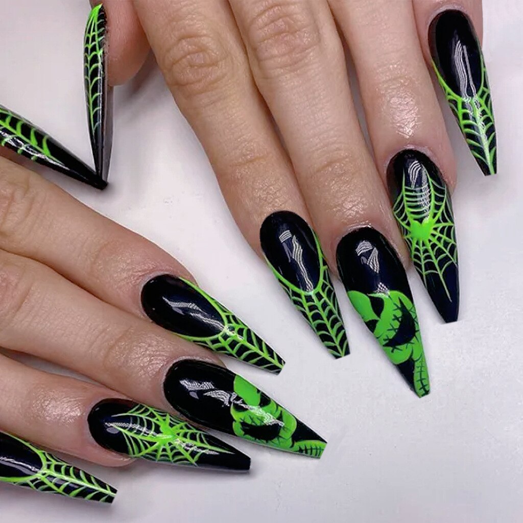 sengpan current nail trends 2023  24Pcs Halloween False Nails Long Ballet Fake Naile with Ghost Spider Web Design Coffin Press on Nails Wearable Manicure Tips