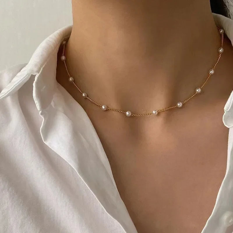 Lianfudai New Beads Women's Neck Chain Kpop Pearl Choker Necklace Gold Color Goth Chocker Jewelry On The Neck Pendant 2024 Collar For Girl