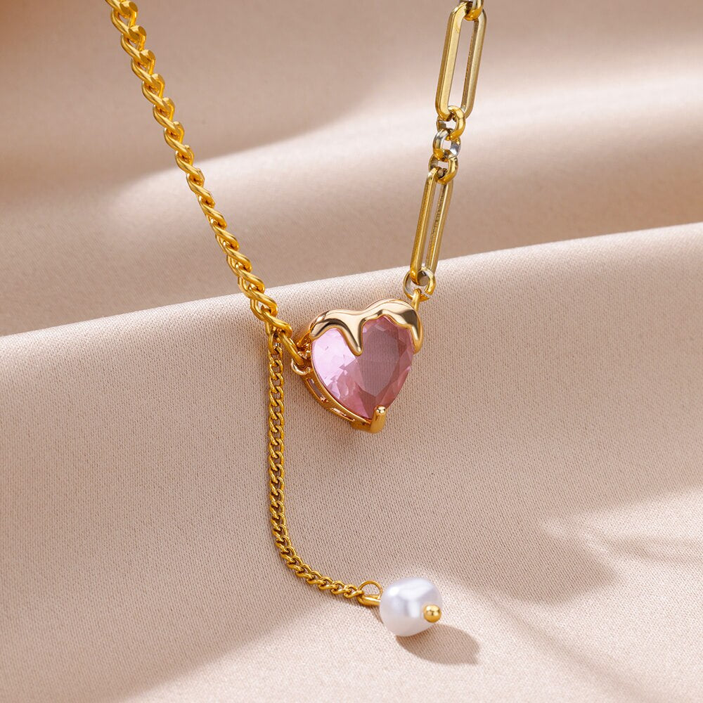 sengpan Pink Heart Zircon Necklace for Women Stainless Steel Necklaces New in Luxury Trend Wedding Jewelry Free Shipping collares