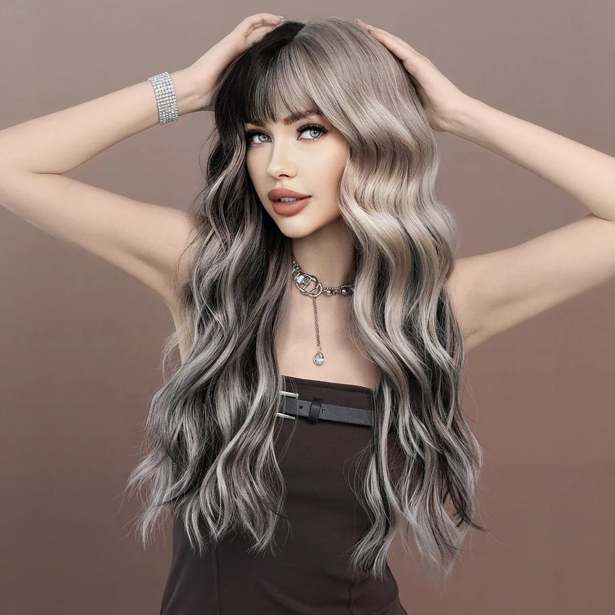 sengpan WIGS Long Body Wavy Silver Ash Hair Wig with Bangs for Women Daily Party High Density Hair Ombre Wigs Heat Resistant Fiber