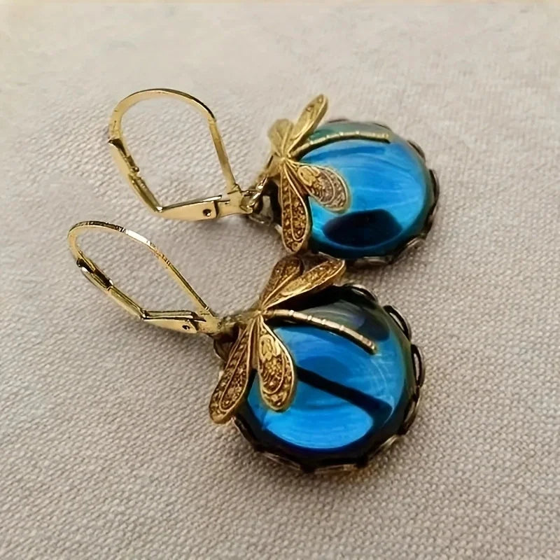 sengpan Vintage Metal Dragonfly Earrings Inky Blue Moonstone Brass Glass Cabochon Vintage Victorian Gifts for Women