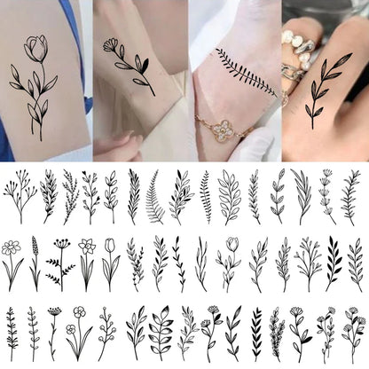 sengpan Waterproof Temporary Tattoo Stickers Black Flower Plant Small Size Tatto Flash Tatoo Fake Tattoos for Men Women Body Art