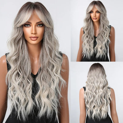 sengpan  Brown Highlight Long Wave Wigs for Women Synthetic Wig with Bangs Ombre Mixed Color Natural Looking Hair for Daily