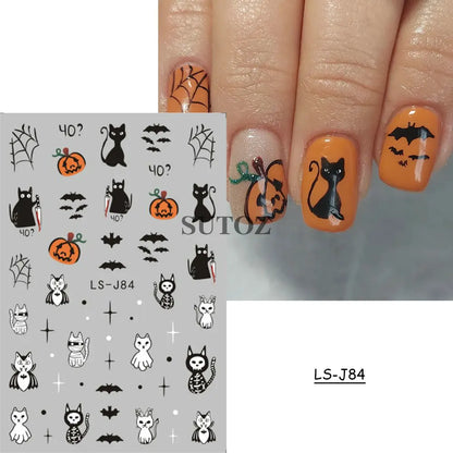 sengpan Pink Pumpkin Nail Art Stickers Halloween Decoration Bat Ghost Design Black Cat Skull Nail Sliders Charms Manicure Decal NLLS-J82