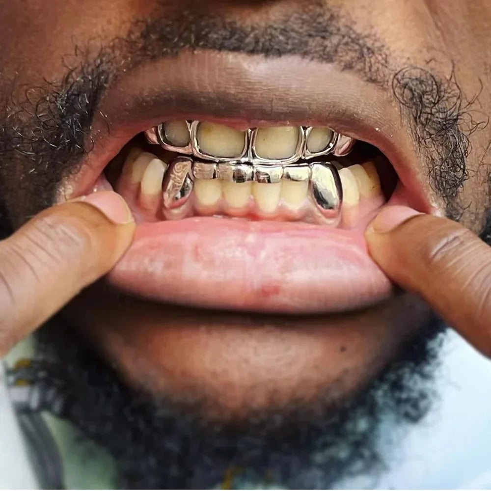 sengpan 14K Gold Plated Teeth Grillz Hip Hop Hollow Fangs Tooth Caps Decor Punk Dental Grills For Women Men Jewelry