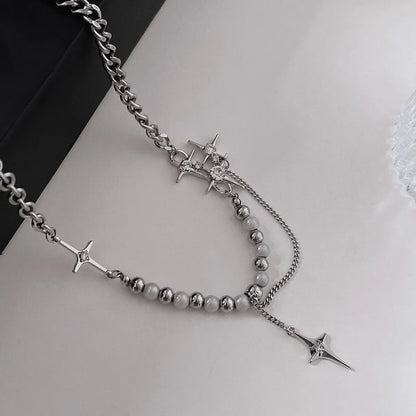 sengpan Punk Cross Star Natural Stone Beaded Necklace Goth Cross Chain Necklace Kpop Pendant Necklaces for Women Party Jewelry