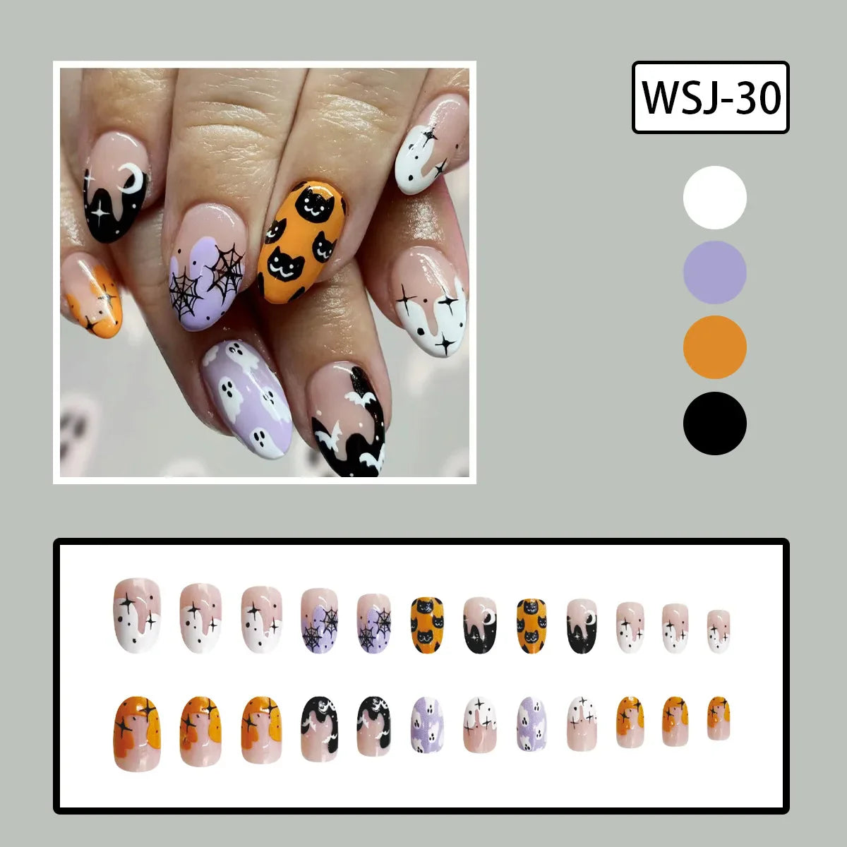 sengpan 24pcs Cartoon Spider Bat Fake Nails Short Rounds False Nails for Women Girl Wearable Halloween DIY Manicure Press on Nail Tips