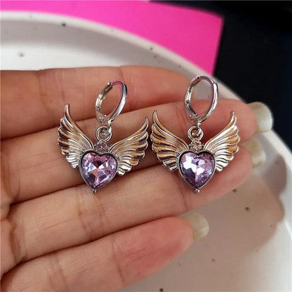 sengpan New Vintage Aesthetic Crystal Purple Heart Wing Pendant Earring For Women Men Grunge Punk Goth Y2K 2000s EMO Jewelry Accessories