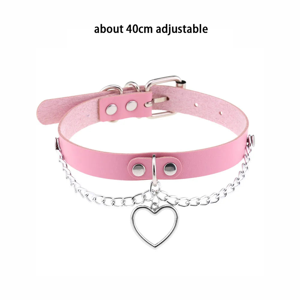 sengpan Pink Sexy Trendy Rock Gothic Collar Necklaces Jewelry Gothic Leather Heart Rivets Harajuku Punk Choker Necklace for Women Gift