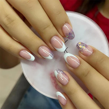 sengpan 24Pcs Small Flower Design Almond Wearing False Nails Blue White Oval Acrylic Press on Nails Art Removable Artificial Fake Nails