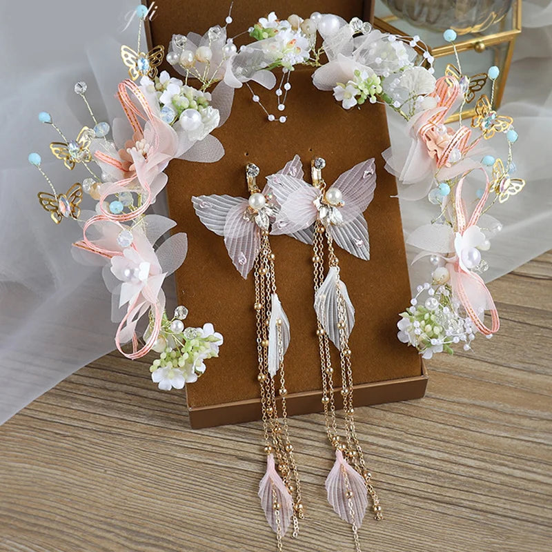 sengpan Pearl Crowns Earrings Set French Fairy Spring Bohemian Bride Floral Garland Romantic Faux Rose Wedding Wreaths Flower Headband