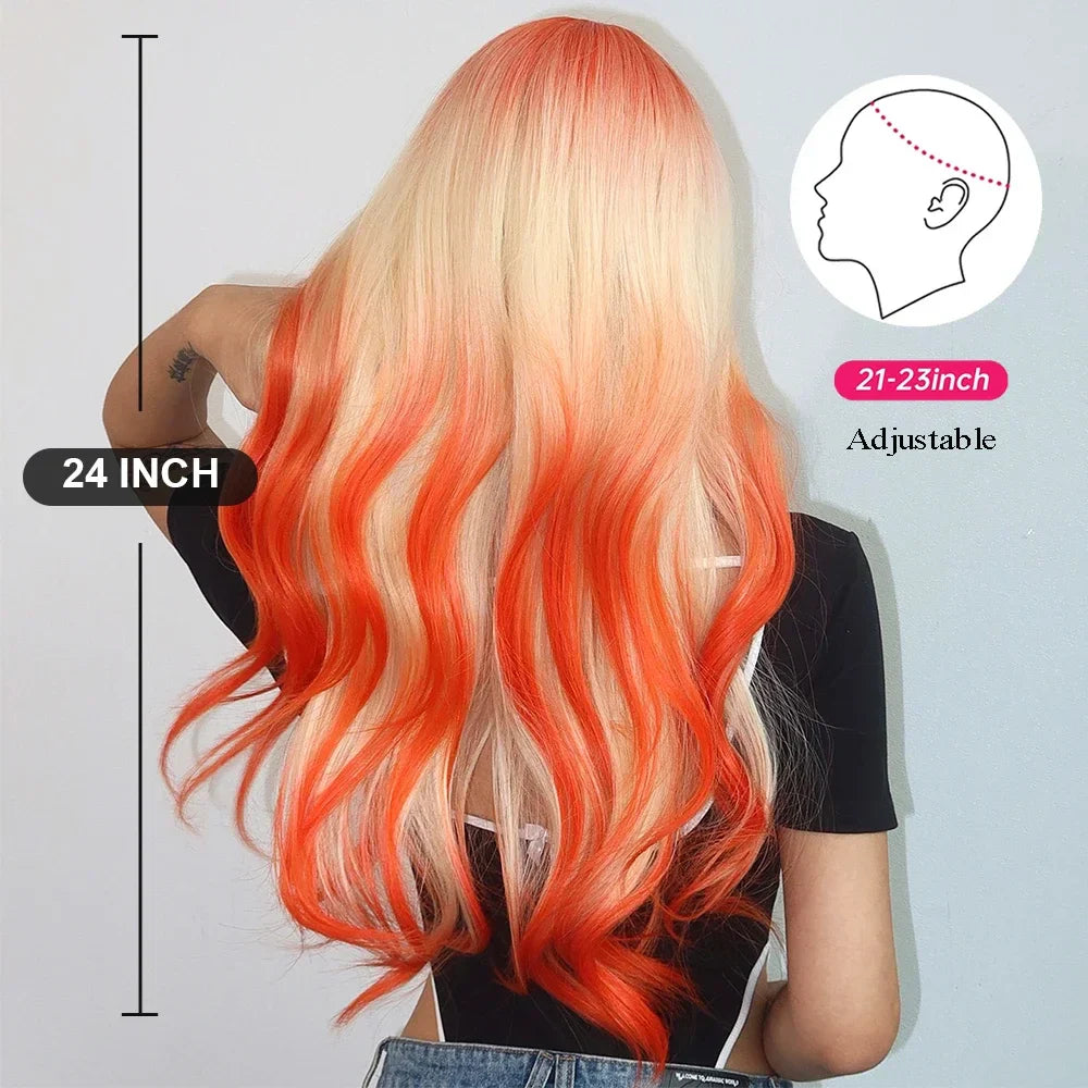 sengpan Orange Blonde Ombre Long Wavy Synthetic Wigs with Bangs Party Cosplay Wig for Women Natural Fake Hair Heat Resistant