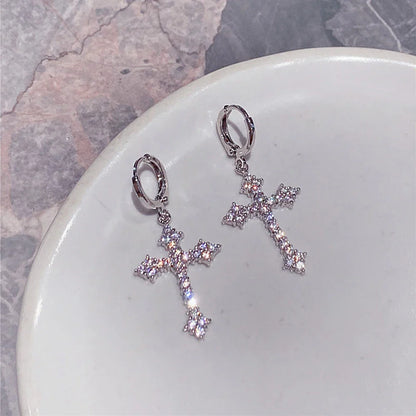 sengpan Rhinestone Cross Charm Drop Earrings for Women Fashion Gothic Earring Crystal Dangle Earrings Cute Party Gift