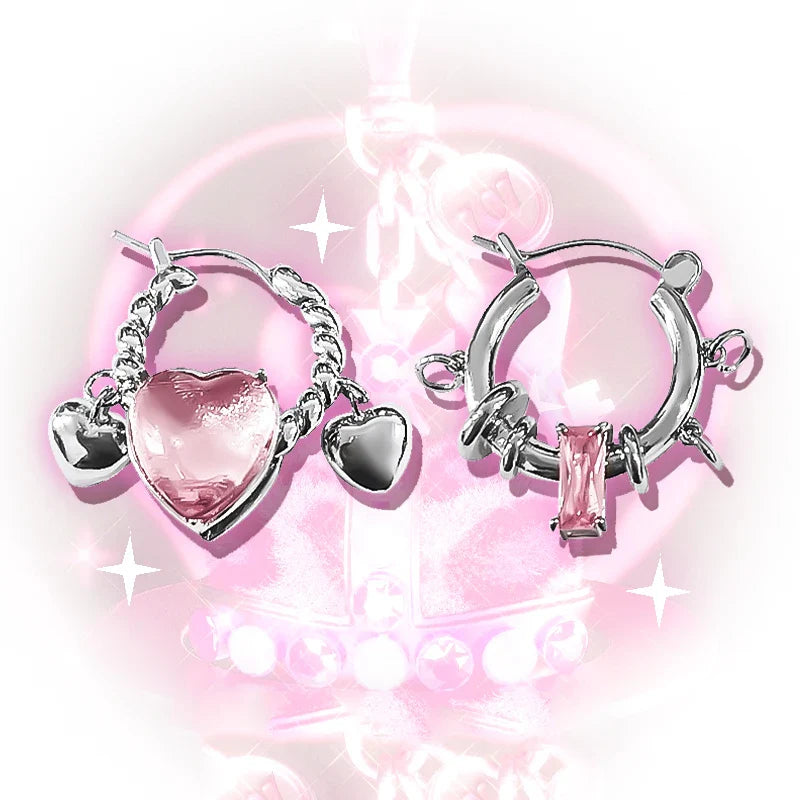 sengpan Y2k Accessories Pink Bling Crystal Heart Earrings Korean Fashion Irregular Star Earrings for Women's 2000s Jewelry Aesthetic