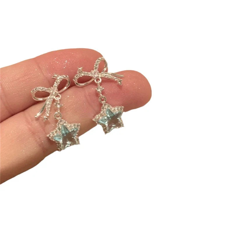 sengpan Sweet Fantasy Y2K Style Crystal Star Bowknot Pendant Earrings For Egirl Y2K EMO 2000s Harajuku Goth Vintage Jewelry Accessories