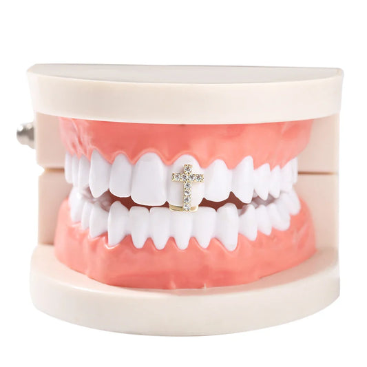 sengpan iced Out CZ Single Cross Teeth Grillz Gold Color Plated One Tooth Grills Rapper Hip Hop Top Fangs Hollow Grill