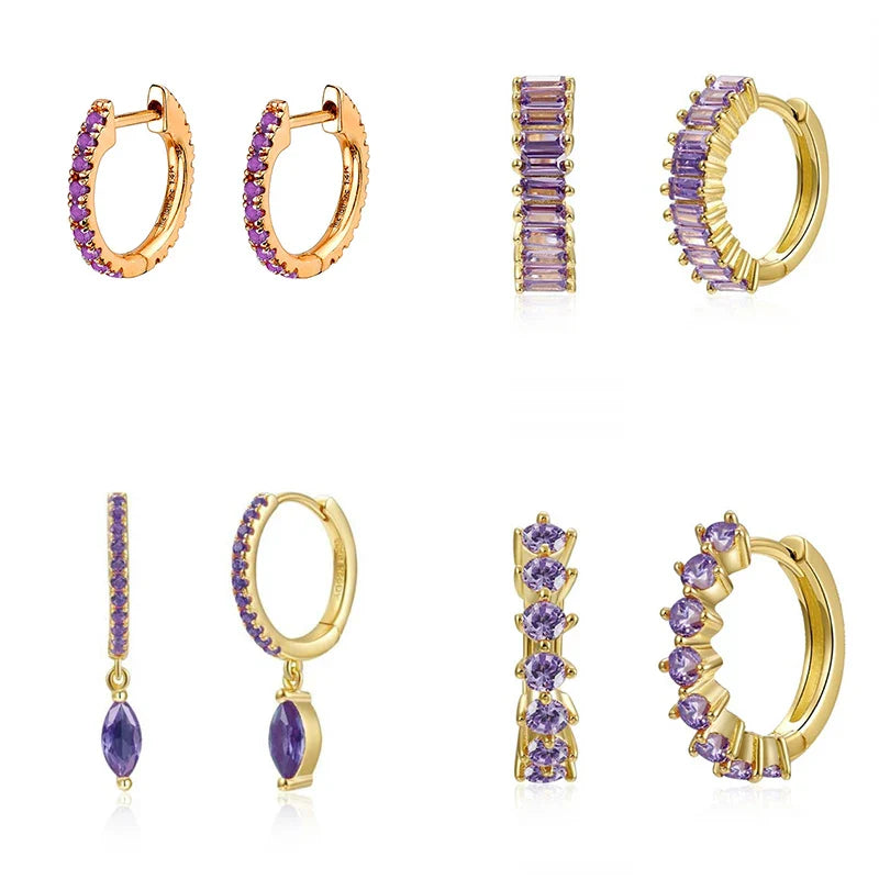 Lianfudai Violet Cubic Zirconia Hoop Dangle Earrings For Women Fashion Gold Plated Earring Set 2024 Jewelry Accessories Wholesale