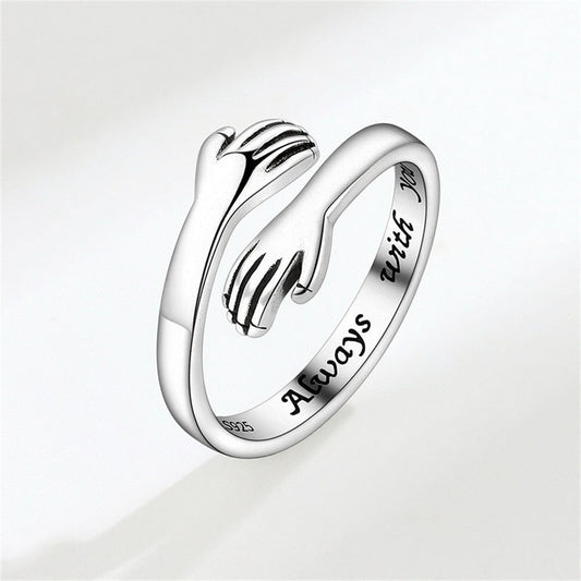 sengpan Vintage Silver Color Love Hugging Hands Couple Ring For Men And Women Always With You Forever Adjustable Open Cuff Rings Jewelry