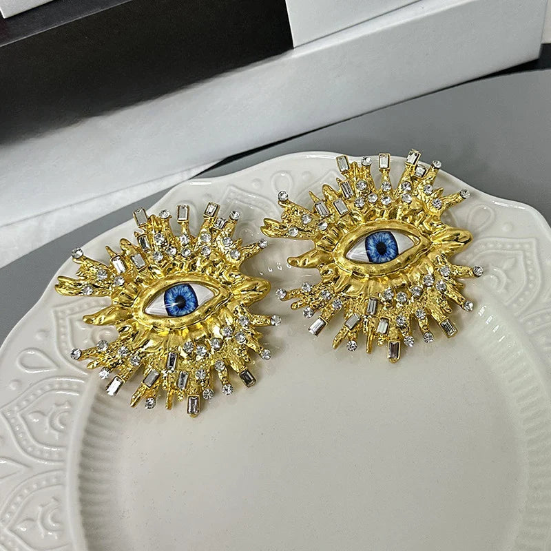 sengpan Exaggerated Sparkling Crystal Eye Earrings Retro Luxury Open Ring Brooch Earring Set