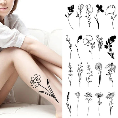 sengpan Waterproof Temporary Tattoo Stickers Black Flower Plant Small Size Tatto Flash Tatoo Fake Tattoos for Men Women Body Art