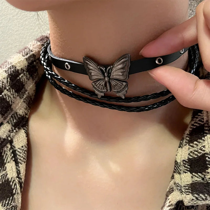 Lianfudai New Dark Punk Butterfly Leather Choker For Women Retro Leather Multi-Layer Rock Neck Chain Necklace Cool Girls Accessories